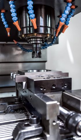 Metalworking CNC milling machine. Cutting metal modern processing technology. Small depth of field. Warning - authentic shooting in challenging conditions. A little bit grain and maybe blurred.